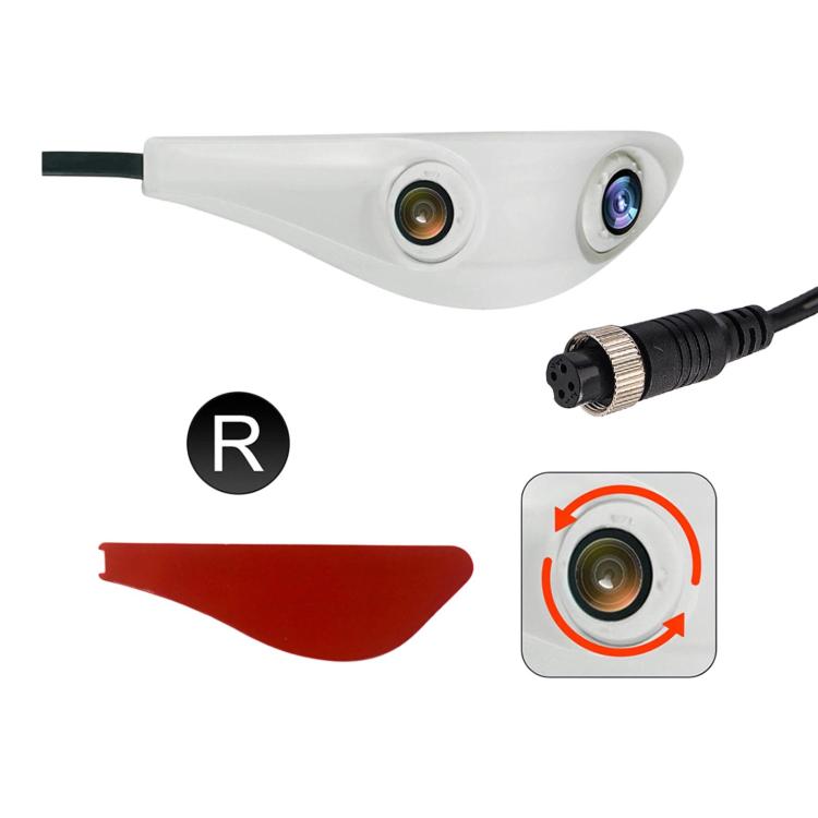 Dual-lens car rearview mirror camera with aviation connector, white housing, right-side view