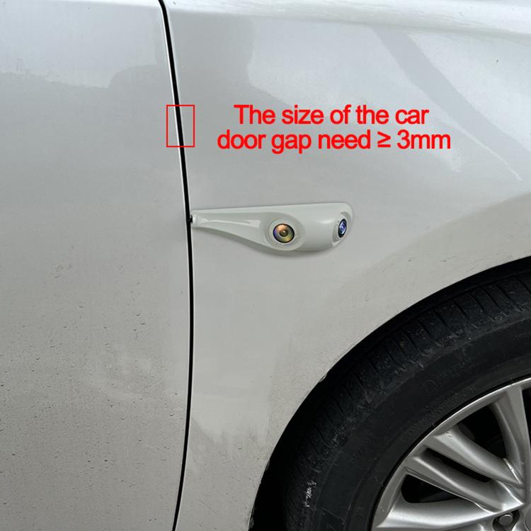 White dual-lens auxiliary camera mounted on a car door near the door gap