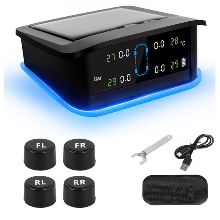 Solar TPMS tire pressure monitor with four black external sensor caps and display screen