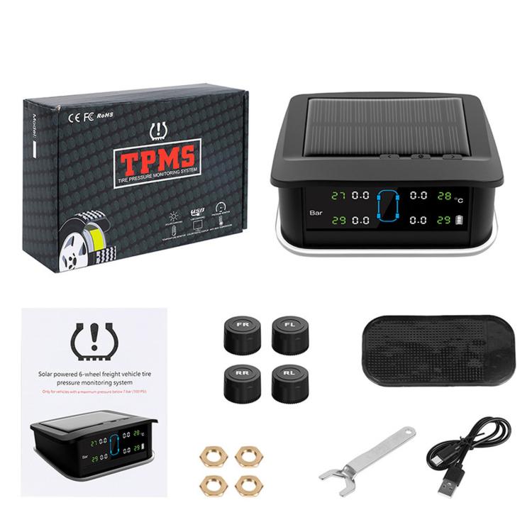 Solar TPMS tire pressure monitor kit with black control unit, four sensors, wrench, and cable