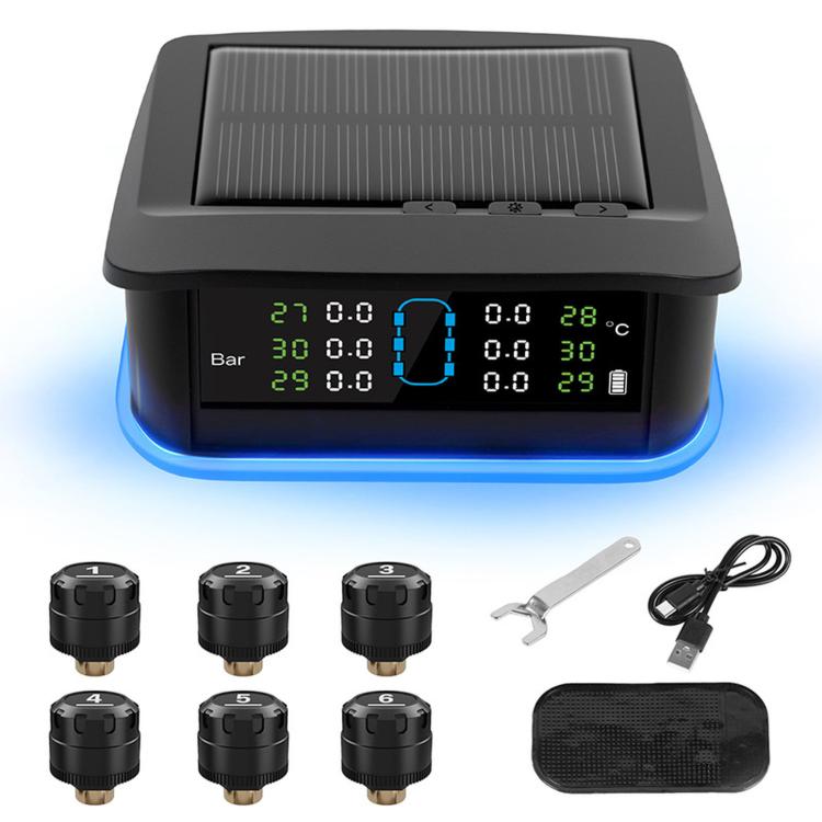 Solar TPMS monitor front view with LCD screen, blue base, and multiple black sensors