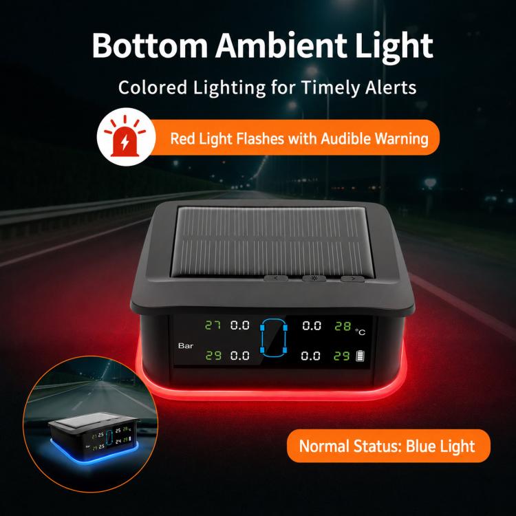 Solar TPMS monitor with illuminated red and blue ambient light along the base