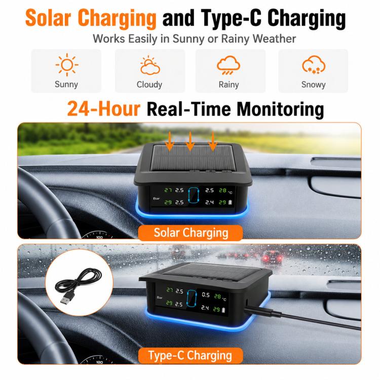 Solar charging TPMS monitor installed on dashboard with blue light and solar panel