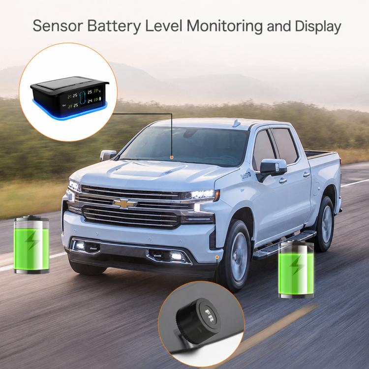 Solar TPMS display unit with blue screen and black tire sensor valve cap