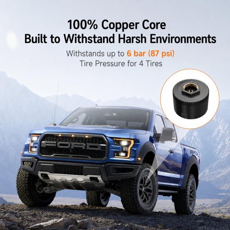 Copper-core TPMS tire pressure sensor with black housing and valve stem