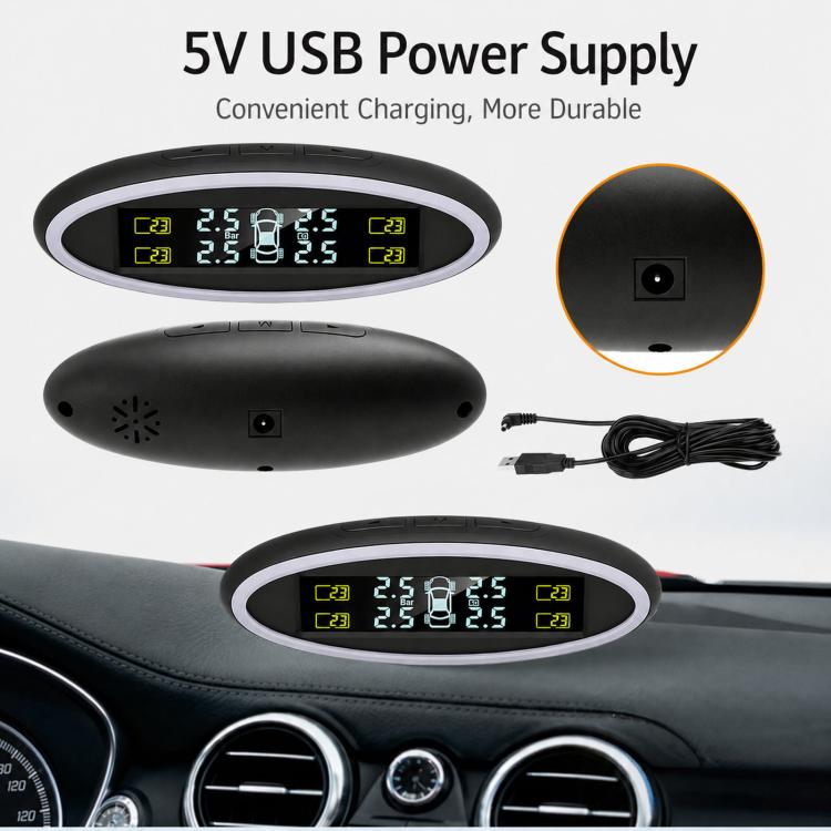 TPMS monitor with external charging port and USB power cable, yellow backlit screen