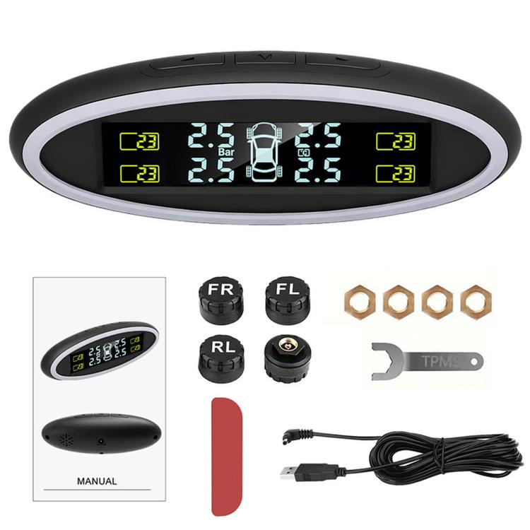 TPMS kit contents: oval display, four sensor caps, USB cable, wrench, and nuts