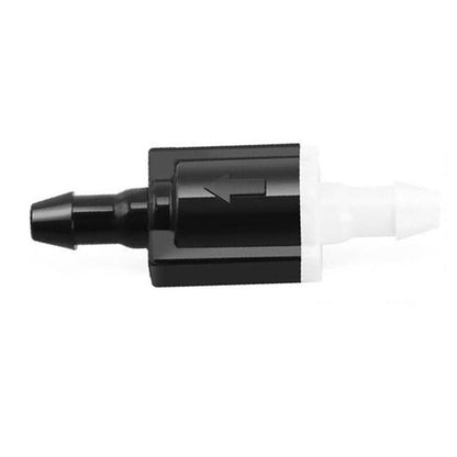 Windshield washer check valve with black body and white hose connector end