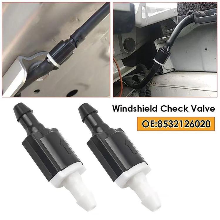 Windshield washer check valve pair, black bodies with white connector tips