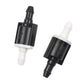 Windshield washer check valve, black housing with white inlet and outlet connectors