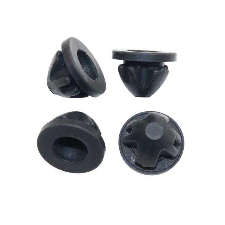 Rubber grommet mount bushings set, dark black with round mounting openings and tabs
