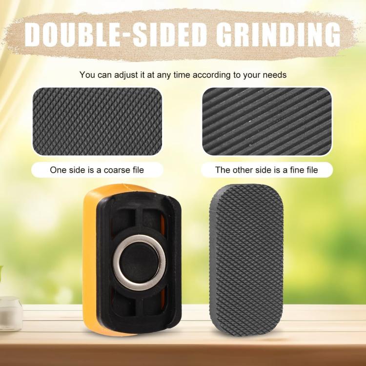 Compact double-sided sanding block, coarse and fine textured abrasive faces on yellow base