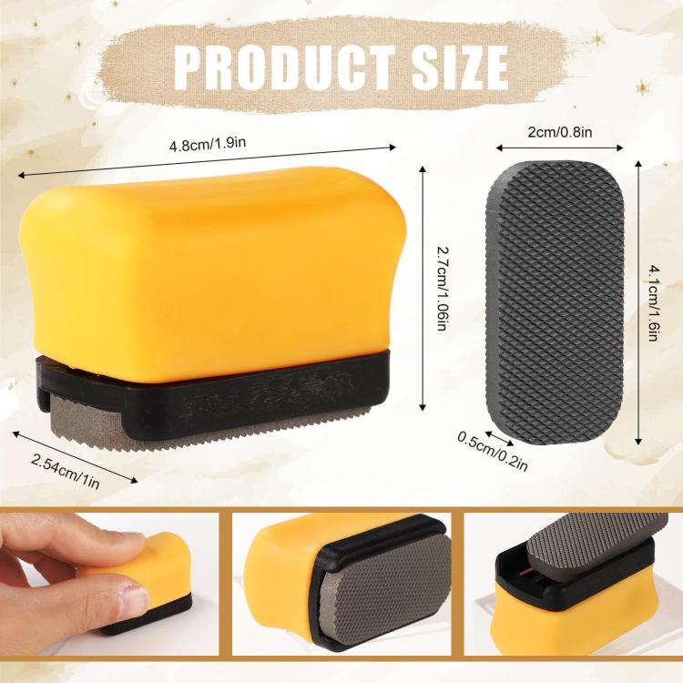 Mini yellow-and-black paint file block with textured abrasive pad and soft curved handle