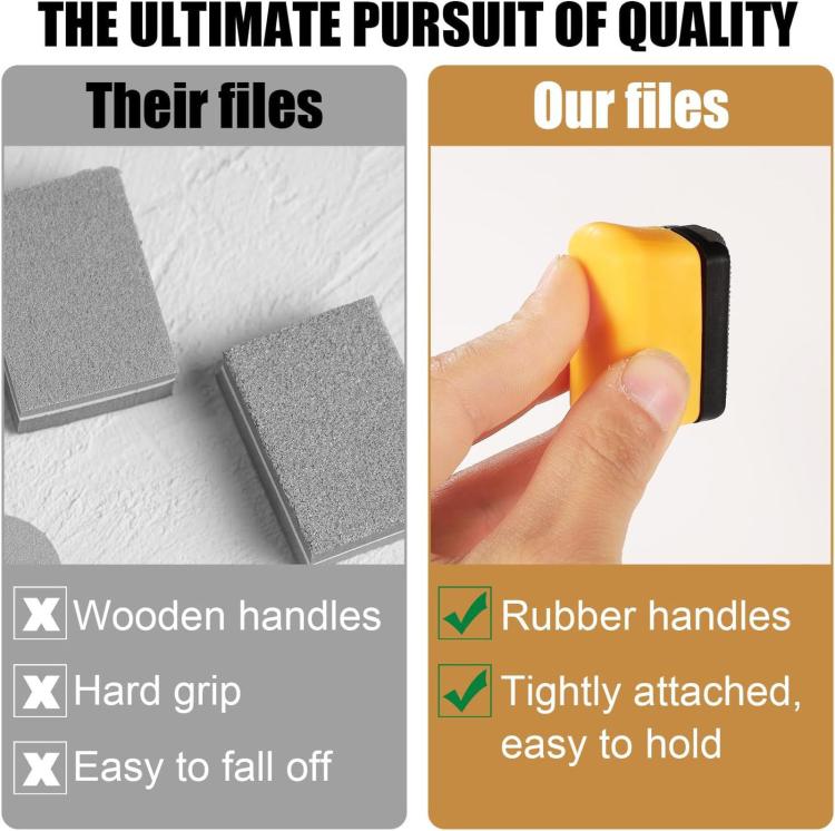 Mini magnetic sanding block with soft rubber handle and textured abrasive surface