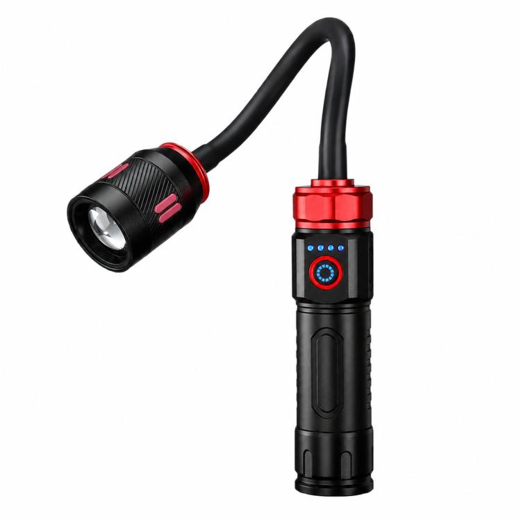 Red LED gooseneck work light flashlight with black body and glowing lens head