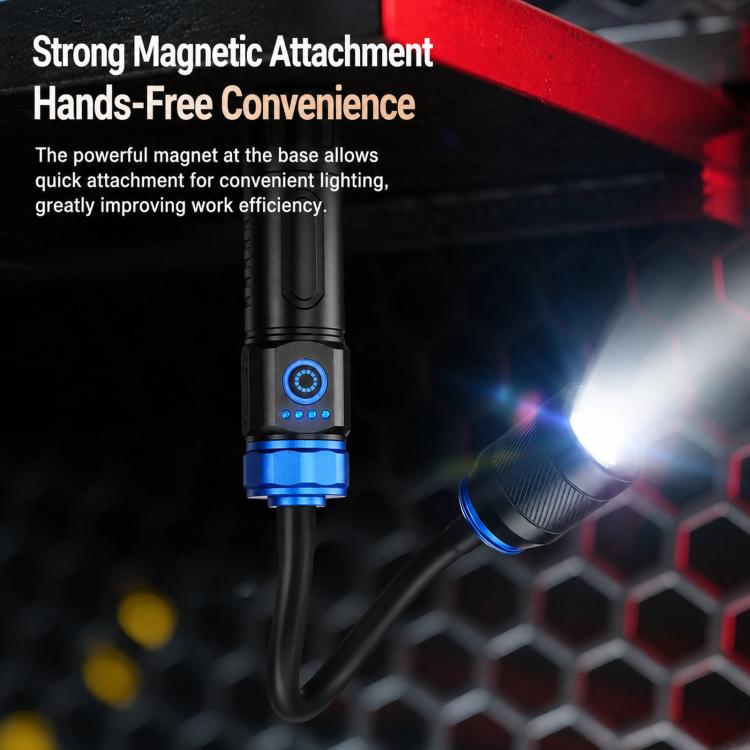 Blue LED work light flashlight with black body and magnet base attachment