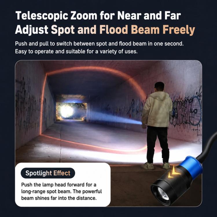 Black and blue LED gooseneck work light flashlight projecting a wide beam