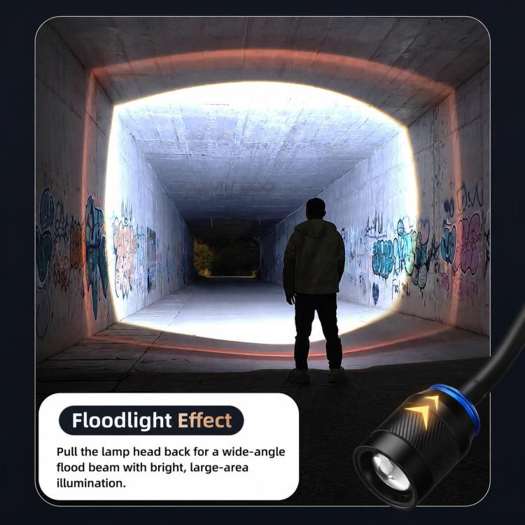 Black and blue LED gooseneck work light flashlight projecting a flood beam