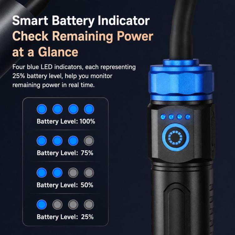 Blue LED work light flashlight showing battery indicator LEDs on the body