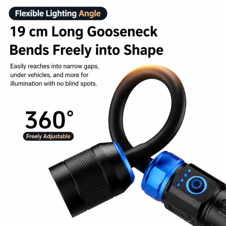 Blue and black rechargeable LED gooseneck work light with 360° adjustable neck