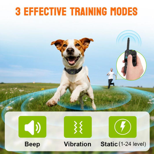 Wireless GPS pet fence remote and receiver collar on a dog, training modes view
