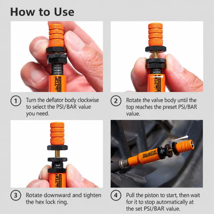 Orange tire deflator valve with black lock ring and pressure scale markings