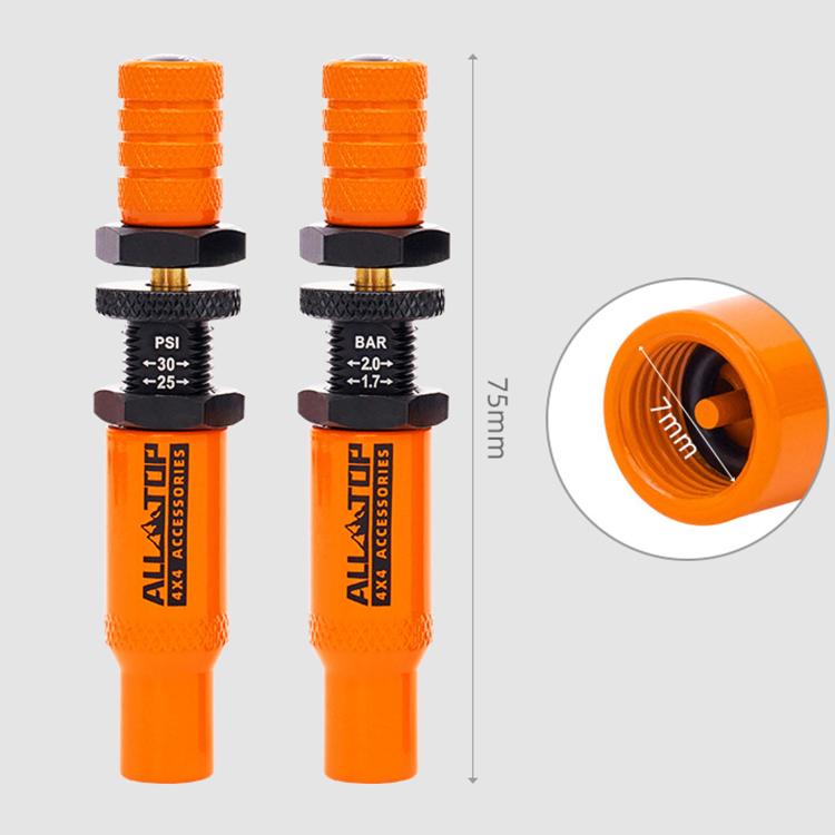 Orange Auto-Stop tire relief valve with PSI/BAR scale and brass stem, pair view