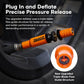 Orange tire deflator tool with triple-blade flow guide for precise pressure release