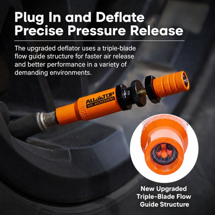 Orange tire deflator tool with triple-blade flow guide for precise pressure release