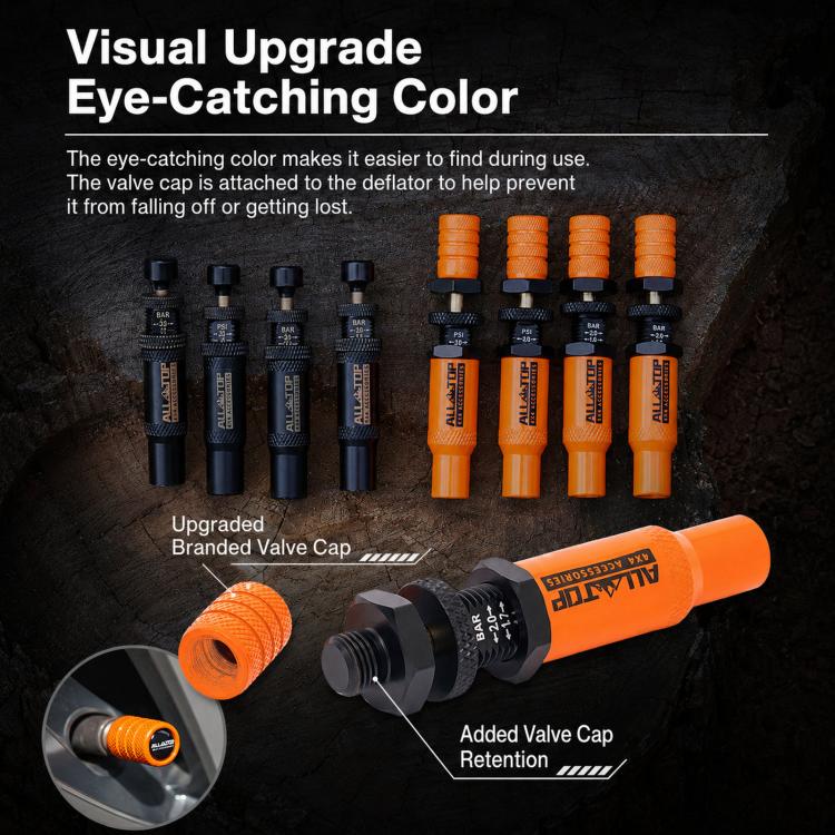 Orange tire deflator set with black connectors and retained valve caps
