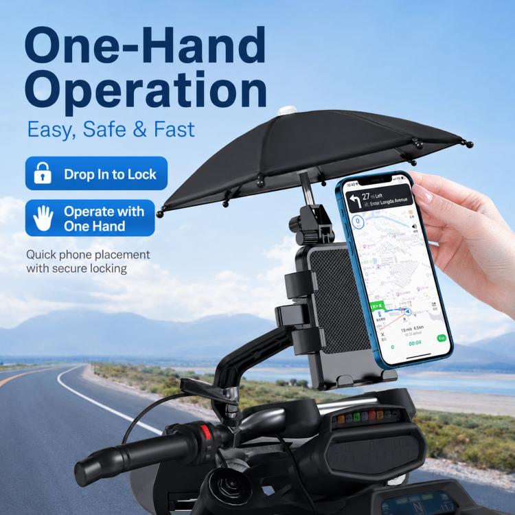 Motorcycle phone mount with sunshade umbrella canopy and smartphone in cradle