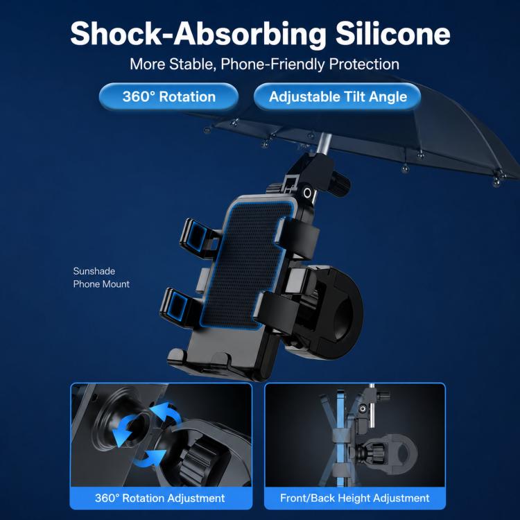 Motorcycle sunshade phone mount with adjustable cradle and shock-absorbing design