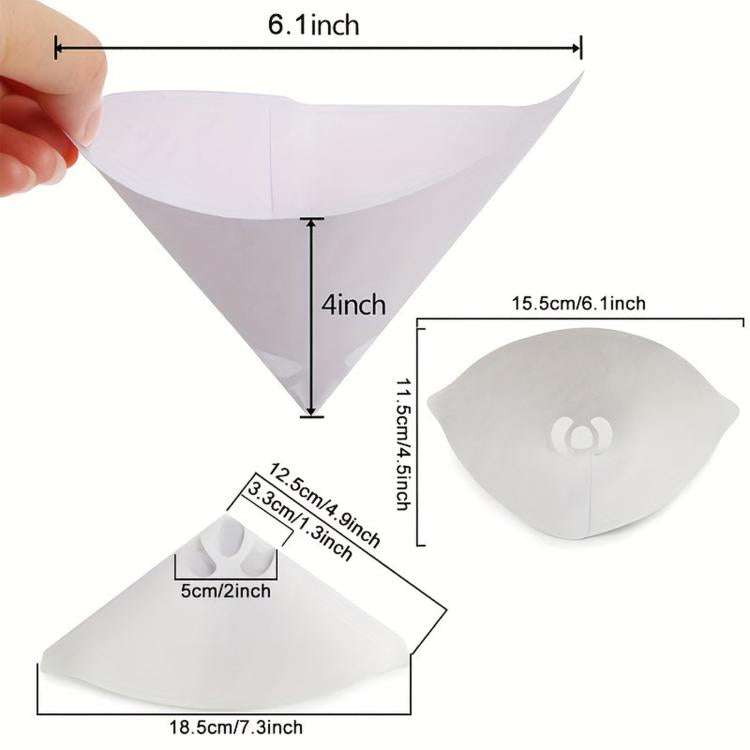 Disposable paint strainer paper cone size diagram, white, about 6.1 in