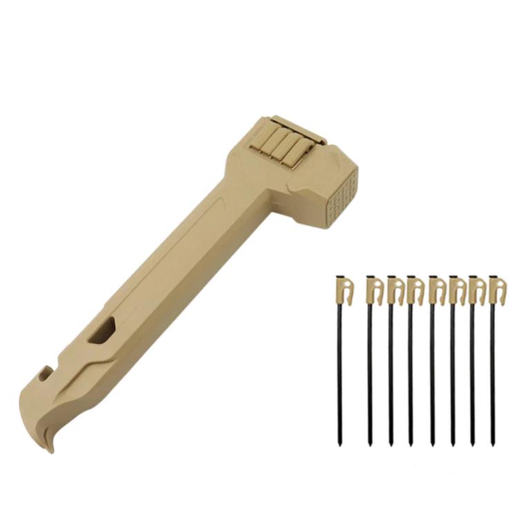 Khaki camping hammer with built-in storage and 8 steel tent pegs.