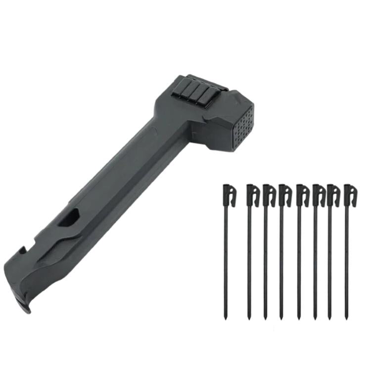 Black camping hammer with built-in storage and 8 steel tent pegs.