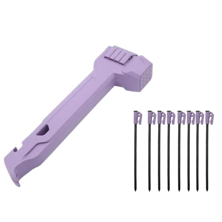 Purple camping hammer with built-in storage and 8 steel tent pegs.