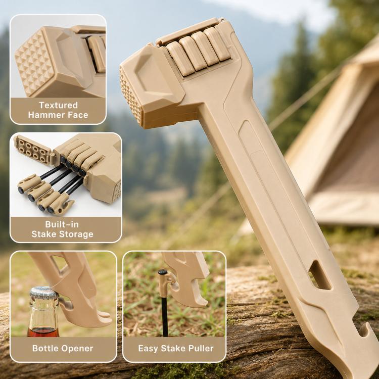 Khaki multifunction camping hammer with stake storage and built-in bottle opener.