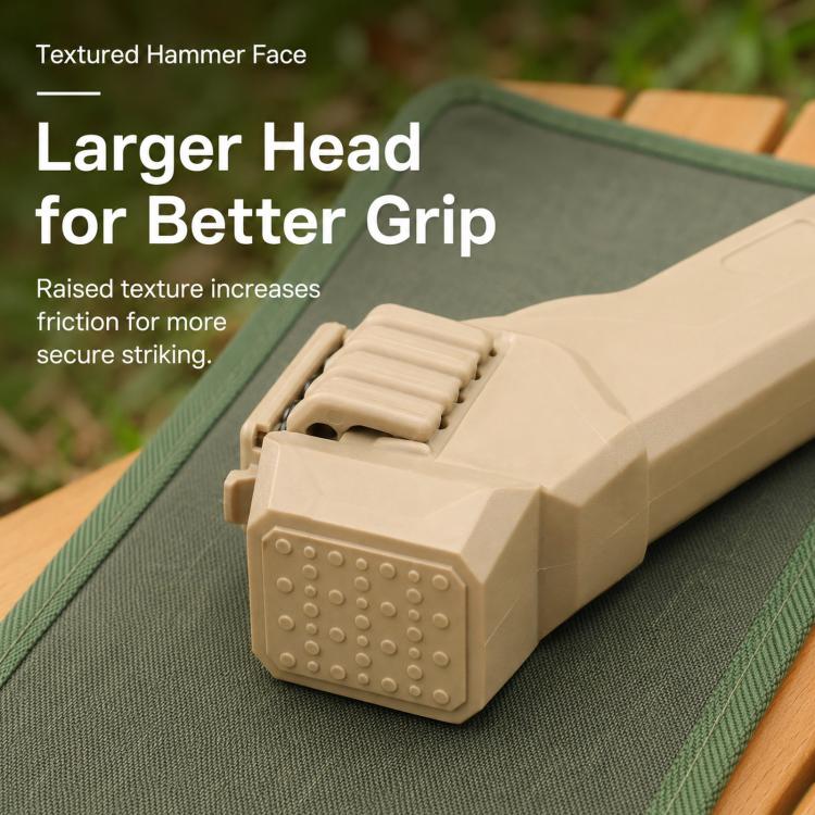 Khaki camping hammer with textured face and larger head for better grip.
