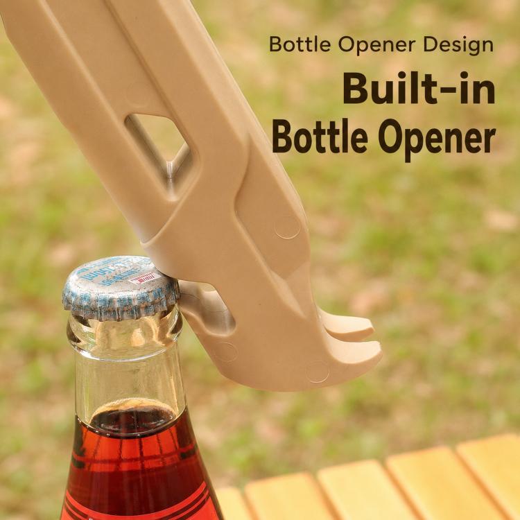 Khaki camping hammer with built-in bottle opener for opening bottle caps.