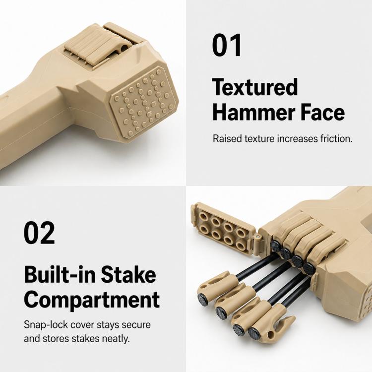 Khaki camping hammer set showing textured hammer face and built-in stake compartment.