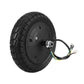 Black hub motor wheel with treaded tire, circular motor cover and wiring harness