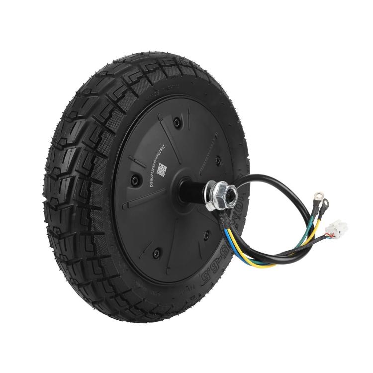 Black hub motor wheel with treaded tire, circular motor cover and wiring harness