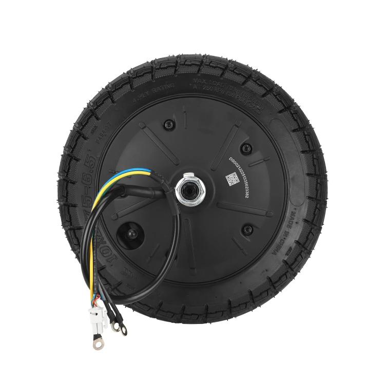 Black hub motor wheel with treaded tire and exposed axle, wiring visible
