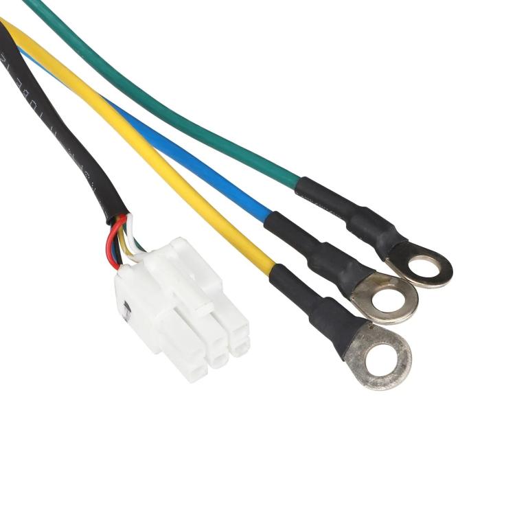 Colored wire harness with white connector and ring terminals
