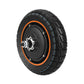 Rear motor wheel with black hub, knobby tire tread, orange rim stripe, mounting plate