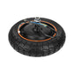 Rear hub motor wheel assembly with black knobby tire and orange rim edge
