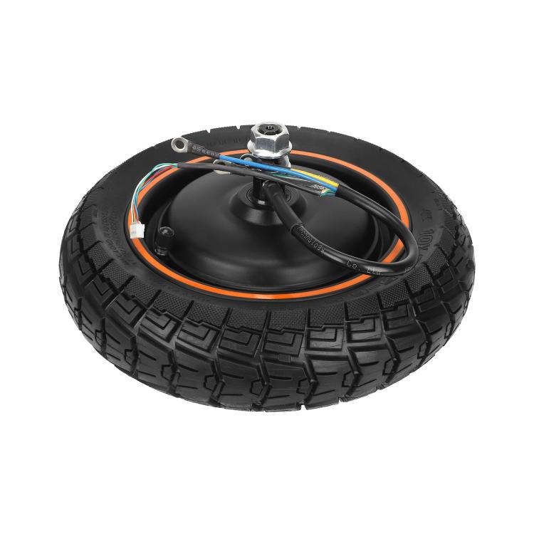 Rear hub motor wheel assembly with black knobby tire and orange rim edge