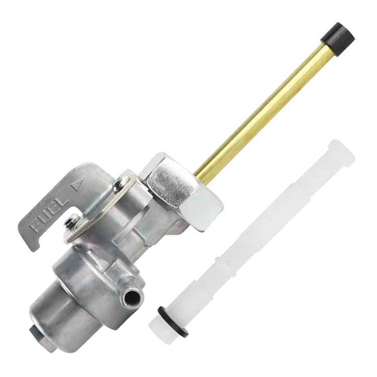 Fuel valve switch with lever, gold outlet tube, and white fuel line