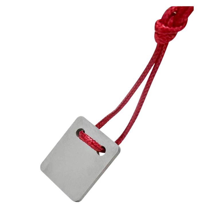 Metal paint scraper tool with red lanyard and hanging loop