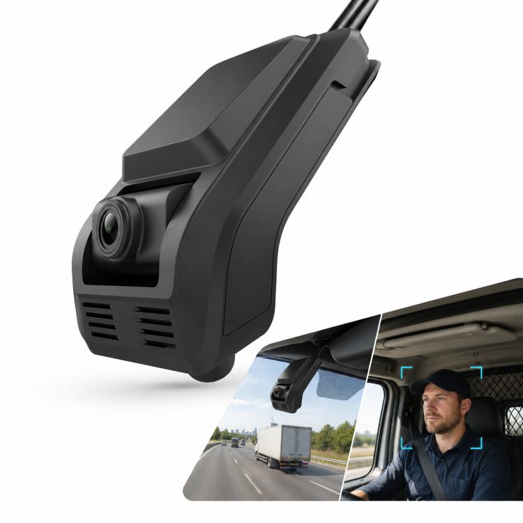 Dual-lens dash cam showing front camera and rear inset view with cable